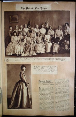 Report, Lincoln Tea, with pictures of the group in colonial costumes.