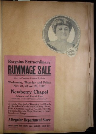 Photo: Mrs. Cyrenius A. Newcomb, Jr.; Nov 1923 Rummage Sale poster.
